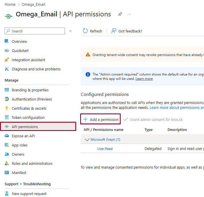 Microsoft Entra – aplikácia Omega_Email, časť API permissions a tlačidlo Add a permission