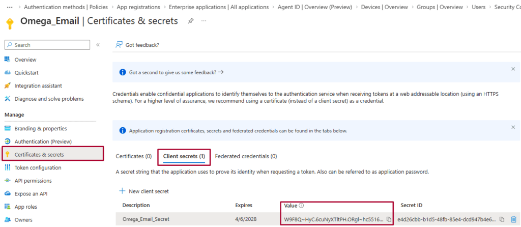 Microsoft Entra – aplikácia Omega_Email, Certificates & secrets, hodnota tajného kódu klienta Omega_Email_Secret