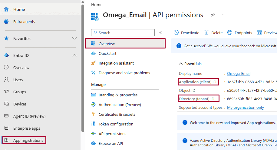 Microsoft Entra – aplikácia Omega_Email, časť Overview s údajmi Application (client) ID a Directory (tenant) ID