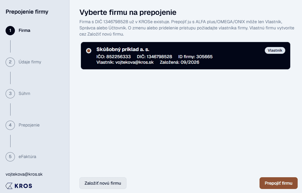 Prepojenie firmy – výber jednej nájdenej firmy na prepojenie s tlačidlom Prepojiť firmu