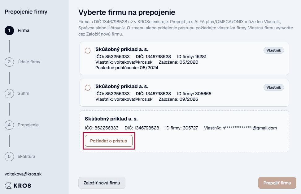 Prepojenie firmy – zoznam viacerých firiem s rovnakým DIČ a tlačidlom Požiadať o prístup