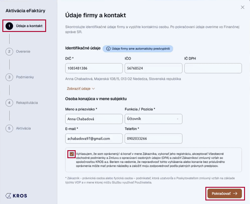 Aktivácia eFaktúry – krok Údaje a kontakt s údajmi firmy a osoby