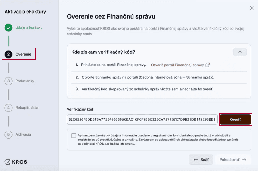 Aktivácia eFaktúry – krok Overenie s poľom Verifikačný kód a tlačidlom Overiť
