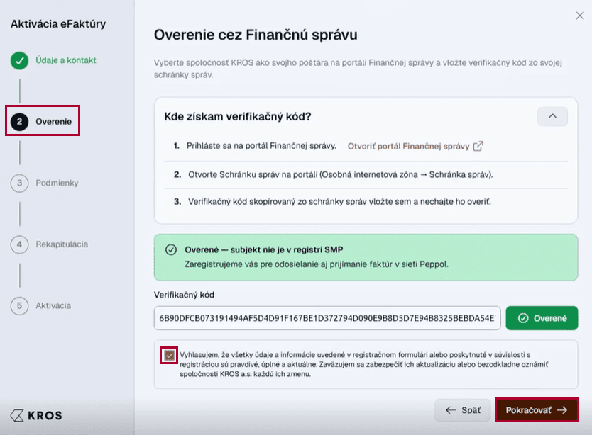Aktivácia eFaktúry – overený verifikačný kód a potvrdenie vyhlásenia