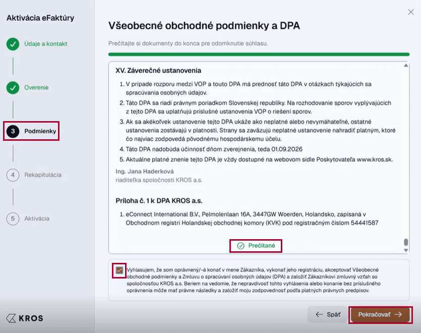 Aktivácia eFaktúry – krok Všeobecné obchodné podmienky a DPA