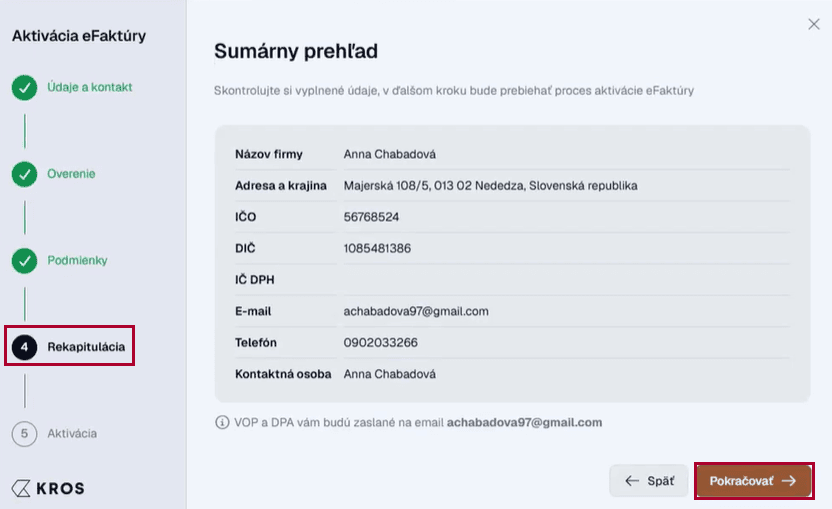 Aktivácia eFaktúry – krok Rekapitulácia so súhrnným prehľadom údajov