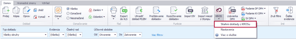 Menu KROS v Evidencii účtovných dokladov s položkou Stiahni doklady z KROSu