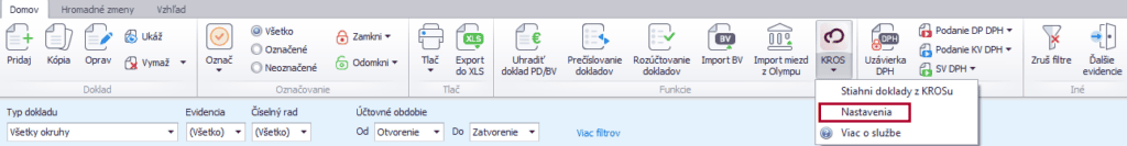 Menu KROS v Evidencii účtovných dokladov s položkou Nastavenia