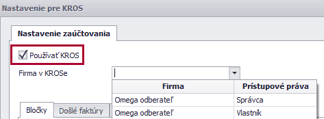 Okno Nastavenie pre KROS so zapnutou voľbou Používať KROS a poľom Firma v KROSe