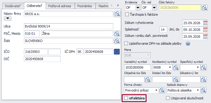 Hlavička faktúry v programe OMEGA so zaškrtnutou voľbou eFaktúra