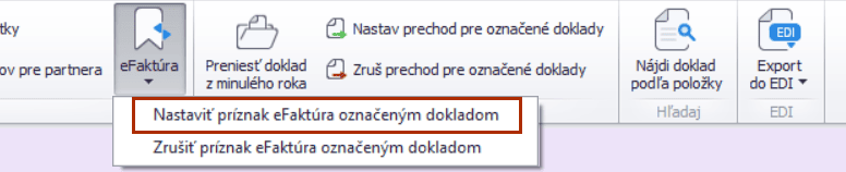 Karta Hromadné zmeny – ponuka eFaktúra s položkou Nastaviť príznak eFaktúra označeným dokladom