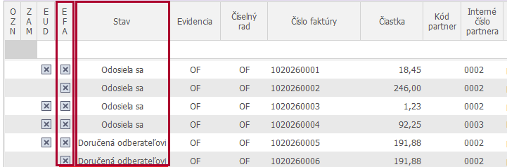 Zoznam odoslaných faktúr so stĺpcami EFA a Stav