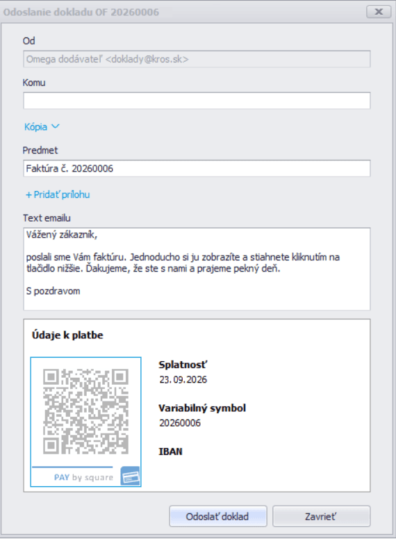 Formulár Odoslanie dokladu s poliami Komu, Kópia, Predmet, Text emailu a tlačidlom Odoslať doklad
