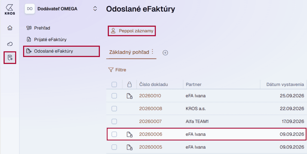 Odoslané eFaktúry v aplikácii KROS s tlačidlom Peppol záznamy