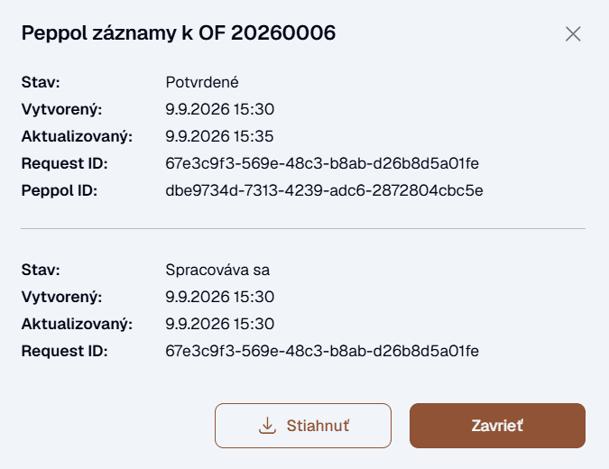 Okno Peppol záznamy s priebehom odosielania eFaktúry a tlačidlom Stiahnuť