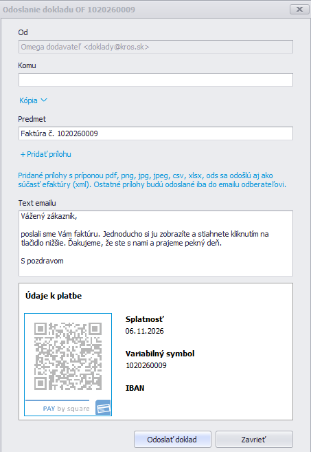Okno Odoslanie dokladu s poliami Komu, Kópia, Predmet, Text emailu, Pridať prílohu a tlačidlom Odoslať doklad