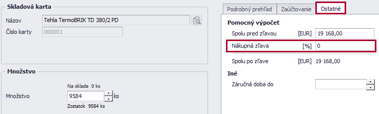 Položka príjemky – záložka Ostatné s poľom Nákupná zľava [%]