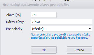 Okno Hromadné nastavenie zľavy pre položky